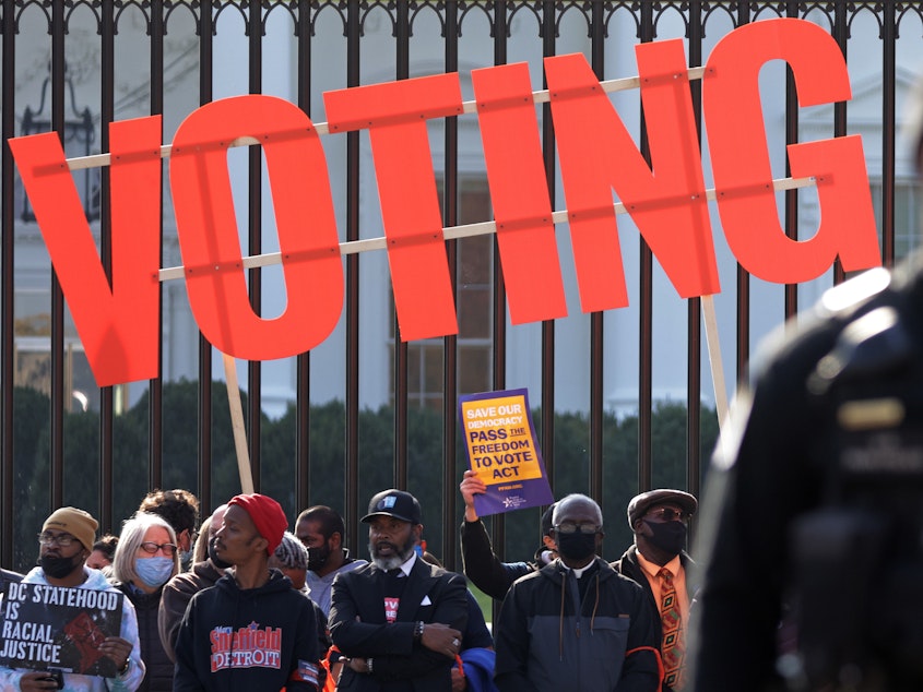 caption: Activists take part in a voting rights protest in front of the White House in Washington, D.C., in 2021.