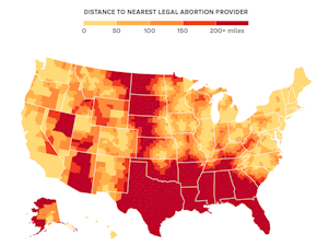 Choropleth map showing the average distance a person in each U.S. county has to travel, after the Arizona and Florida abortion bans take effect, to reach an abortion provider
