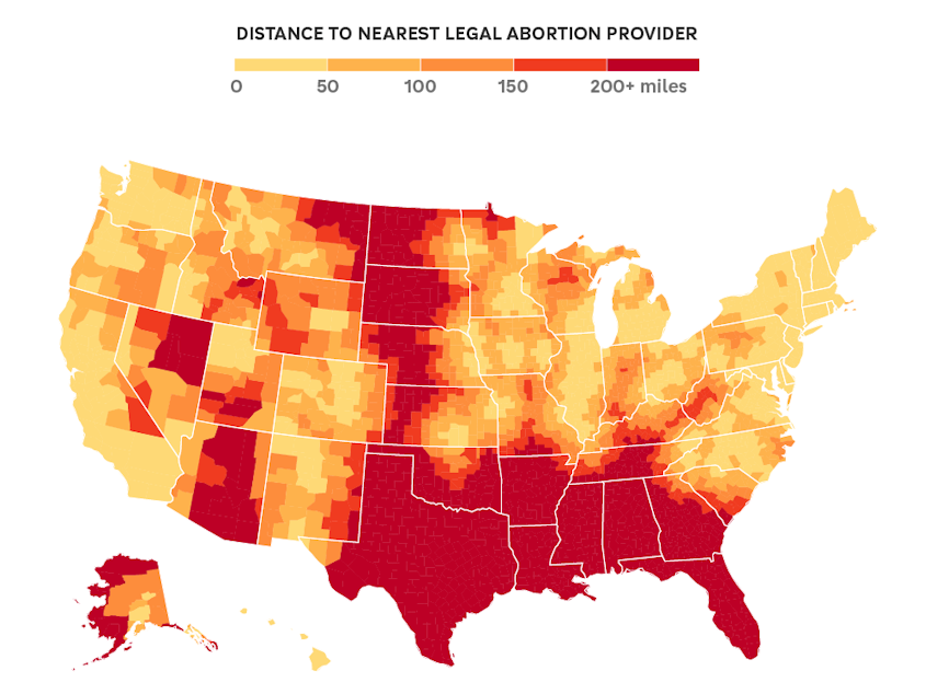 Choropleth map showing the average distance a person in each U.S. county has to travel, after the Arizona and Florida abortion bans take effect, to reach an abortion provider