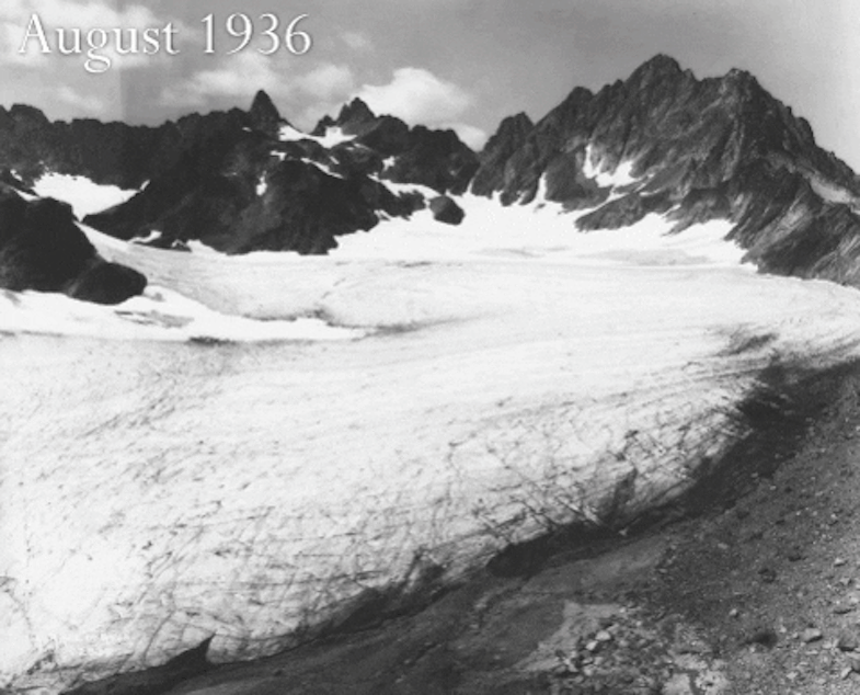 caption: Mt. Anderson, the headwaters of the Quinault River in Olympic National Park, photographed 84 years--and one glacier--apart.