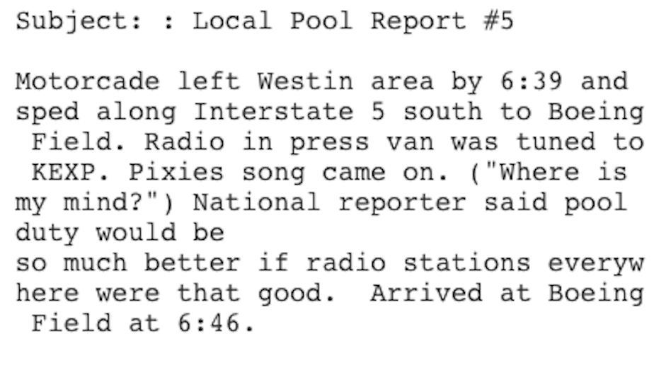 caption: The White House sent out this pool report by Seattle Times reporter Jim Brunner.
