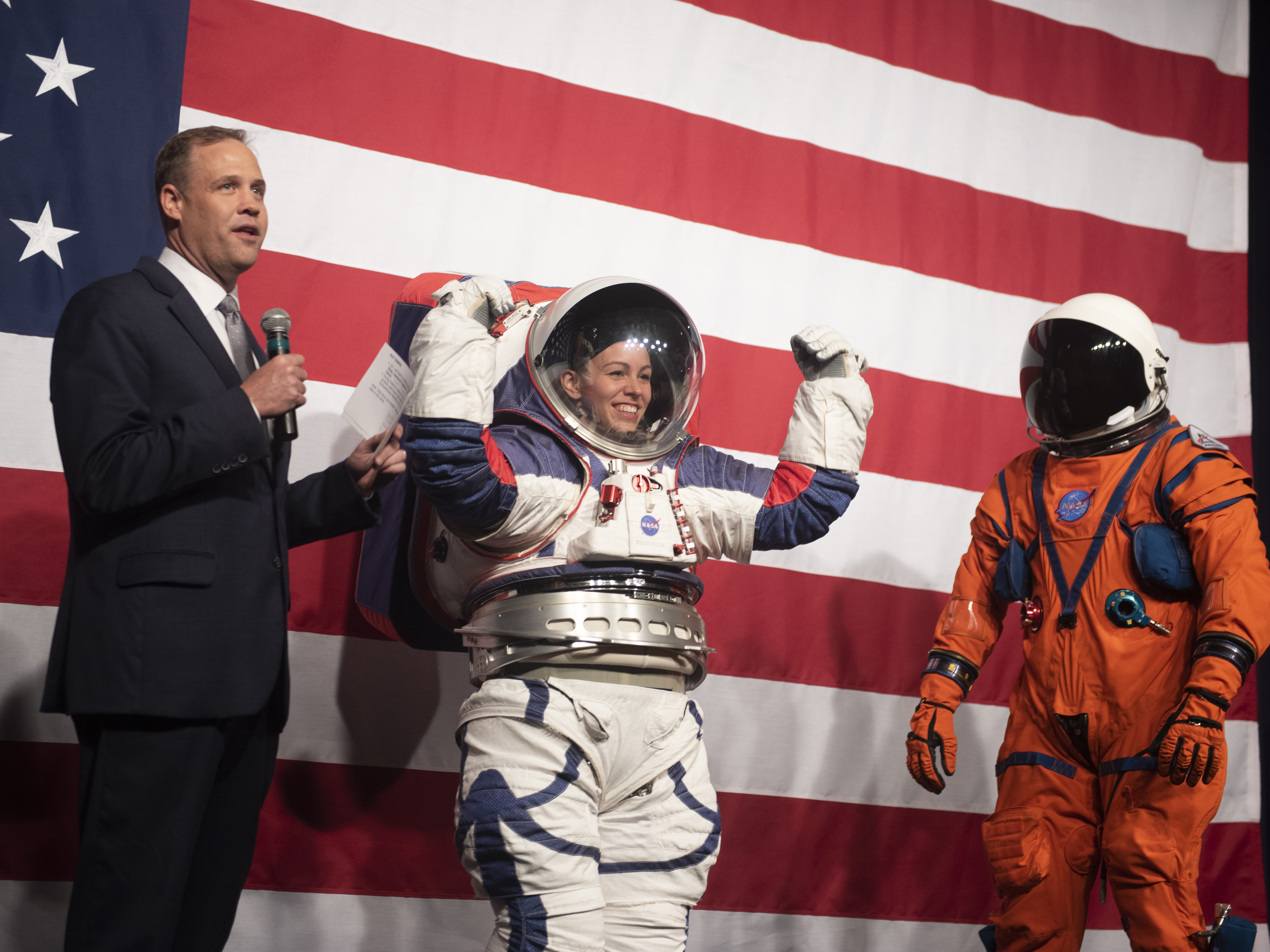 caption: NASA administrator Jim Bridenstine speaks during a demonstration of two NASA spacesuit prototypes for lunar exploration on Tuesday.