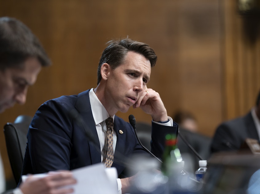 caption: FILE Photo: Sen. Josh Hawley, R-Mo., in 2022. Hawley grilled Microsoft President Brad Smith over the potential mental health risks of AI to young people. 