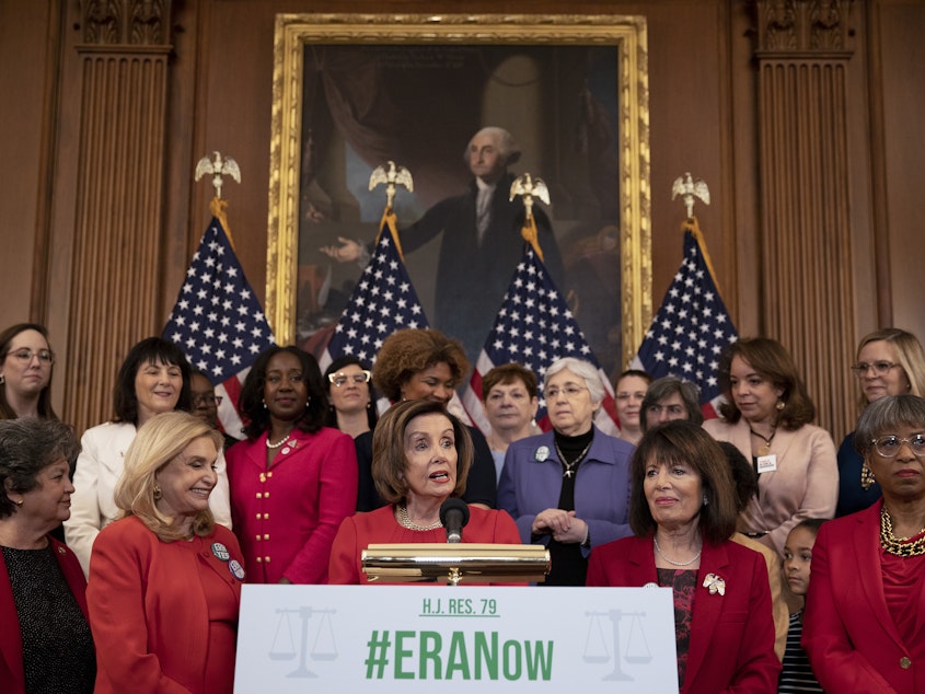 caption: House Speaker Nancy Pelosi, D-Calif., speaks at a press conference on the House's vote to remove the ratification deadline for the Equal Rights Amendment on Wednesday.