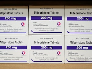 caption: Boxes of the drug mifepristone sit on a shelf at the West Alabama Women's Center in Tuscaloosa, Ala., on March 16, 2022.