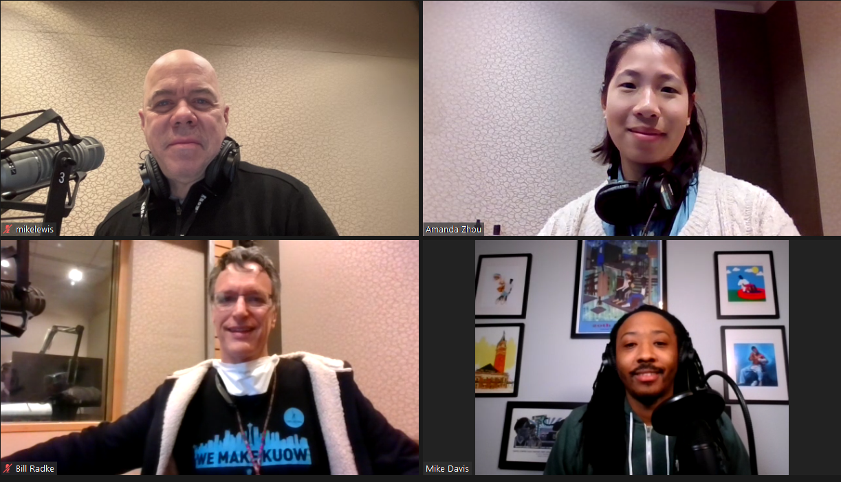 caption: Bill Radke discusses the week’s news with Seattle Times Amanda Zhou, Geekwire’s Mike Lewis, and KUOW’s Mike Davis. 