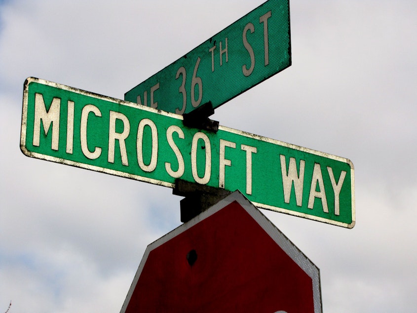 caption: Street sign on Microsoft campus in Redmond, Washington.