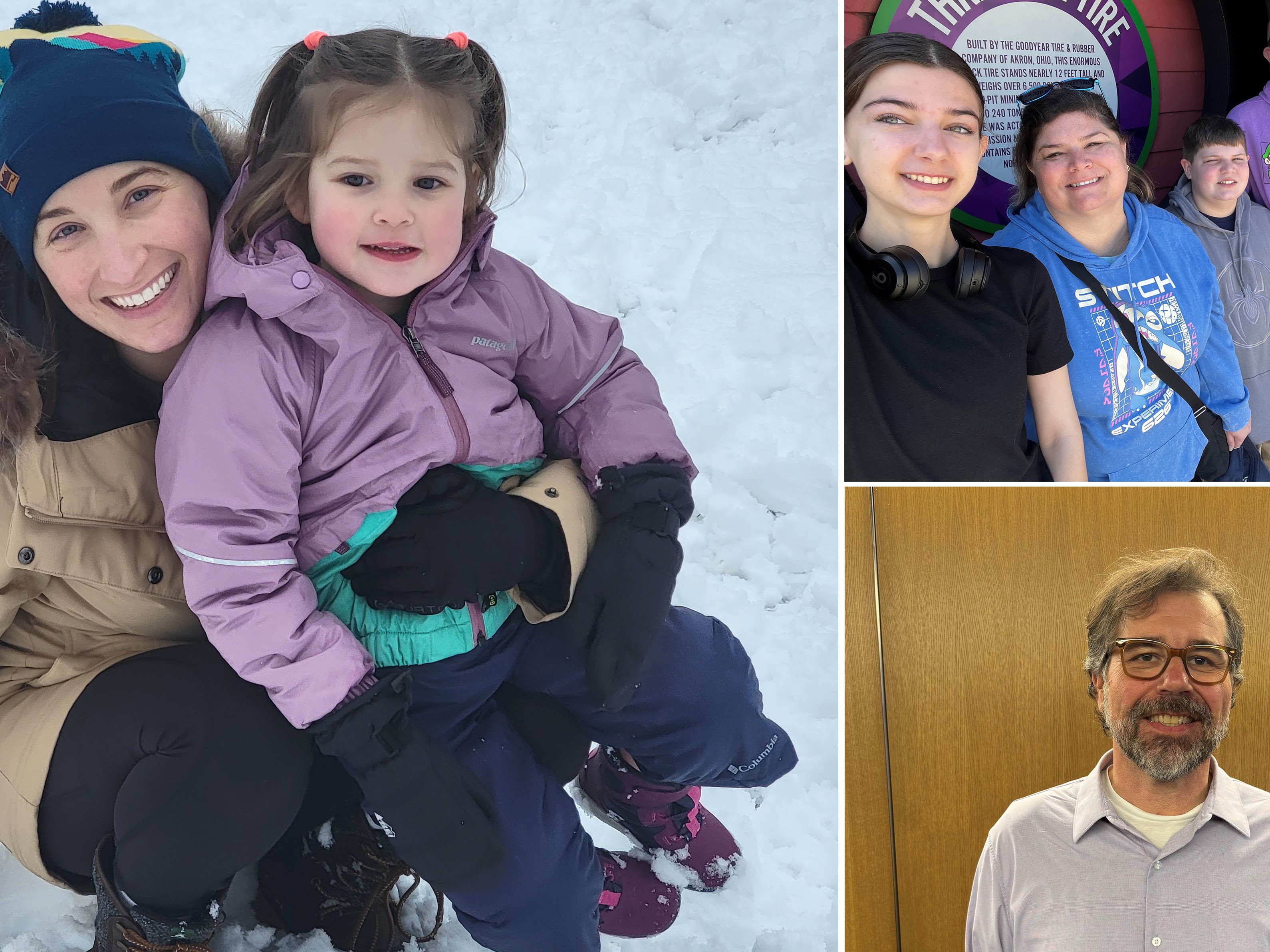 caption: Therese McRae with her daughter (left), Stephan Neidenbach (upper right, with his wife Jennifer, and their children) and Jason Mitton (lower right) all want the COVID vaccine and are having trouble getting it.