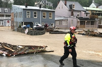 caption: Floods in Ellicott City, Maryland, pushed cars into a pile last May. This year has been a year of record rainfall for cities throughout the mid-Atlantic and Carolinas.