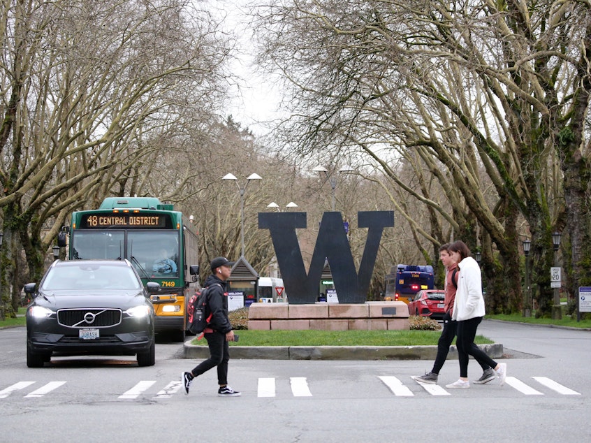 caption: The Seattle campus of the University of Washington, pictured in March 2020. 