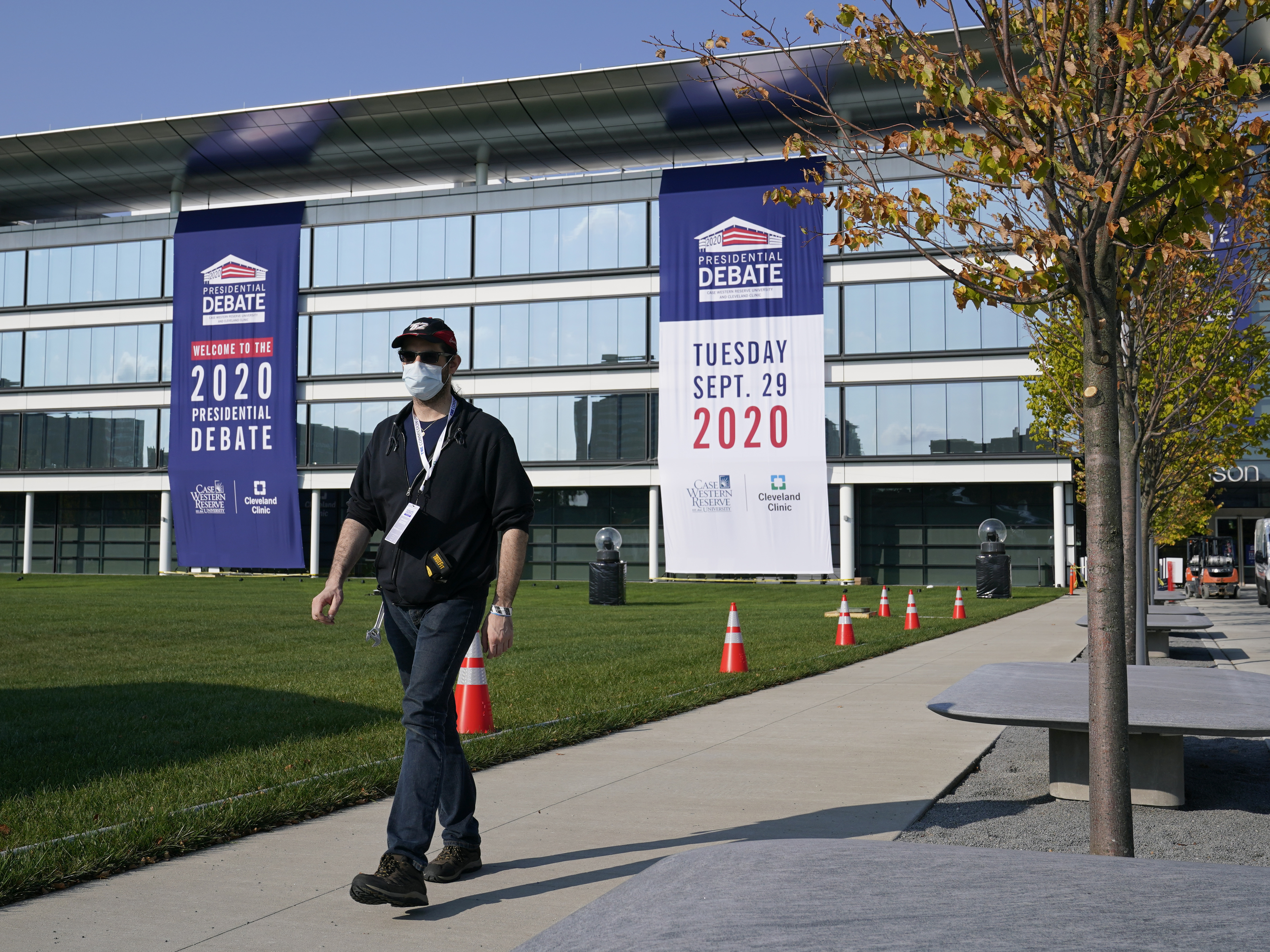 caption: Preparations take place on Sunday outside the Sheila and Eric Samson Pavilion in Cleveland ahead of the first presidential debate, scheduled for Tuesday.