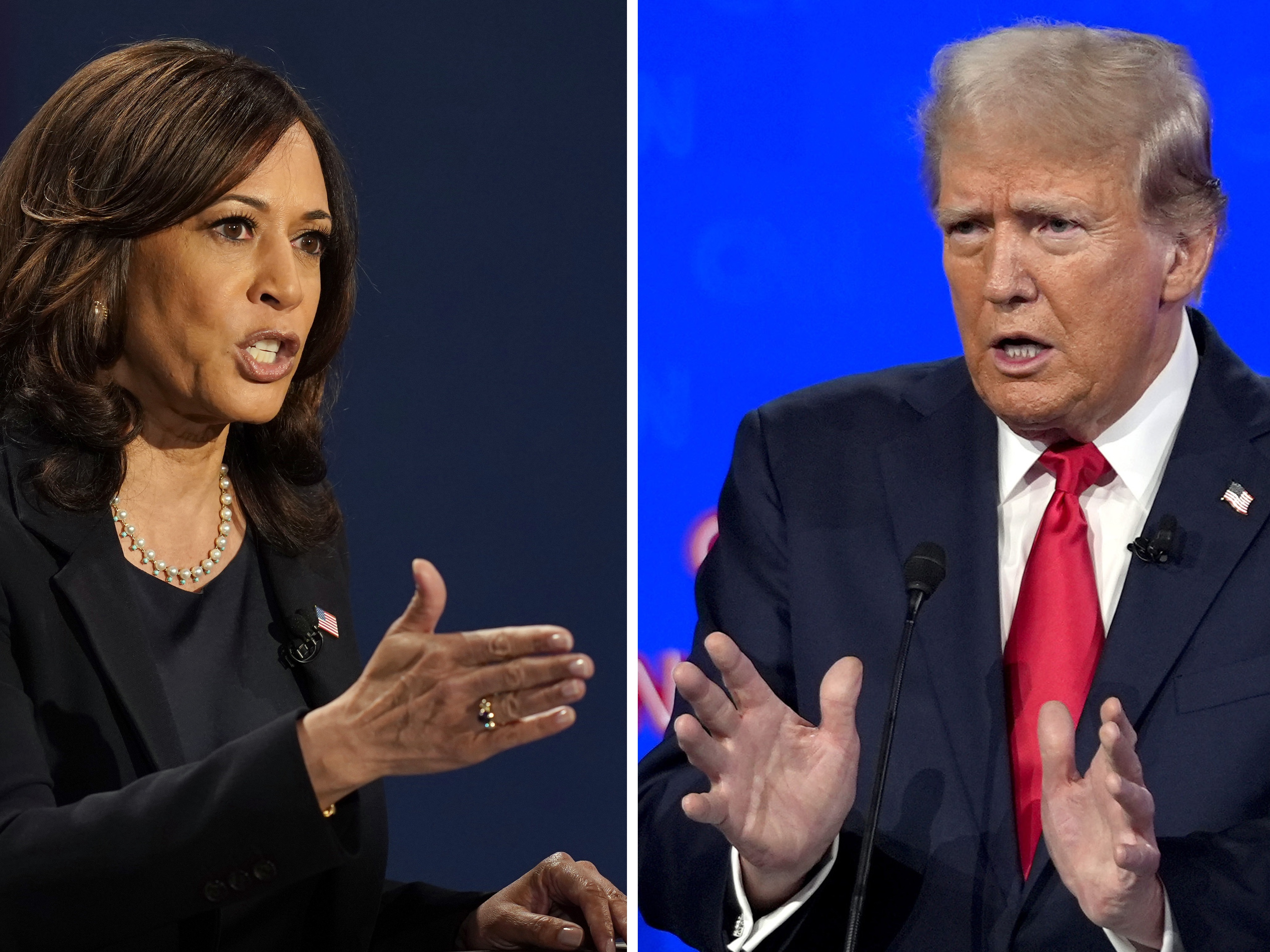 caption: Then-Democratic vice presidential candidate Sen. Kamala Harris, D-Calif., speaks during a debate, Oct. 7, 2020, in Salt Lake City, left, and Republican presidential candidate former President Donald Trump speaks during a debate, June 27, 2024, in Atlanta.