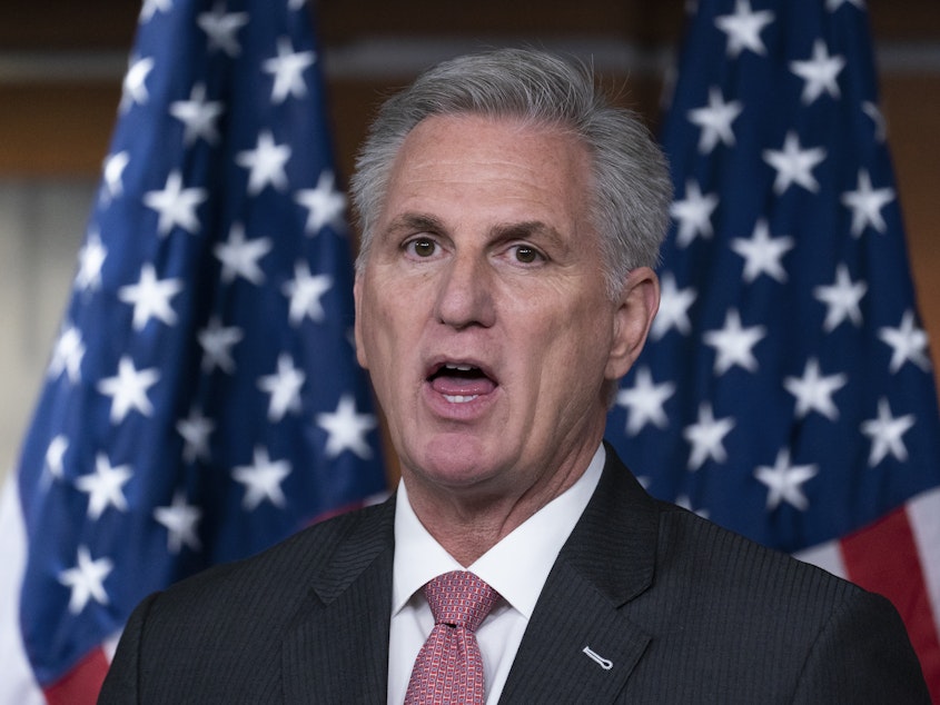 caption: House Minority Leader Kevin McCarthy held the floor for more than eight hours overnight, denouncing the Democrats' social policy and climate change bill.