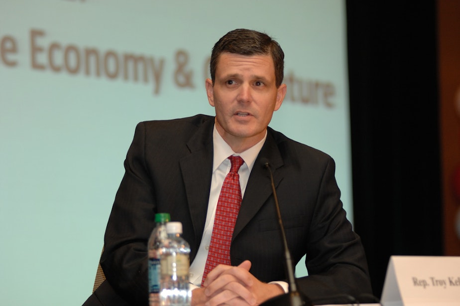 caption: In this 2012 file photo, Troy Kelley, the Democratic candidate for state auditor at the time, takes questions at a debate. 