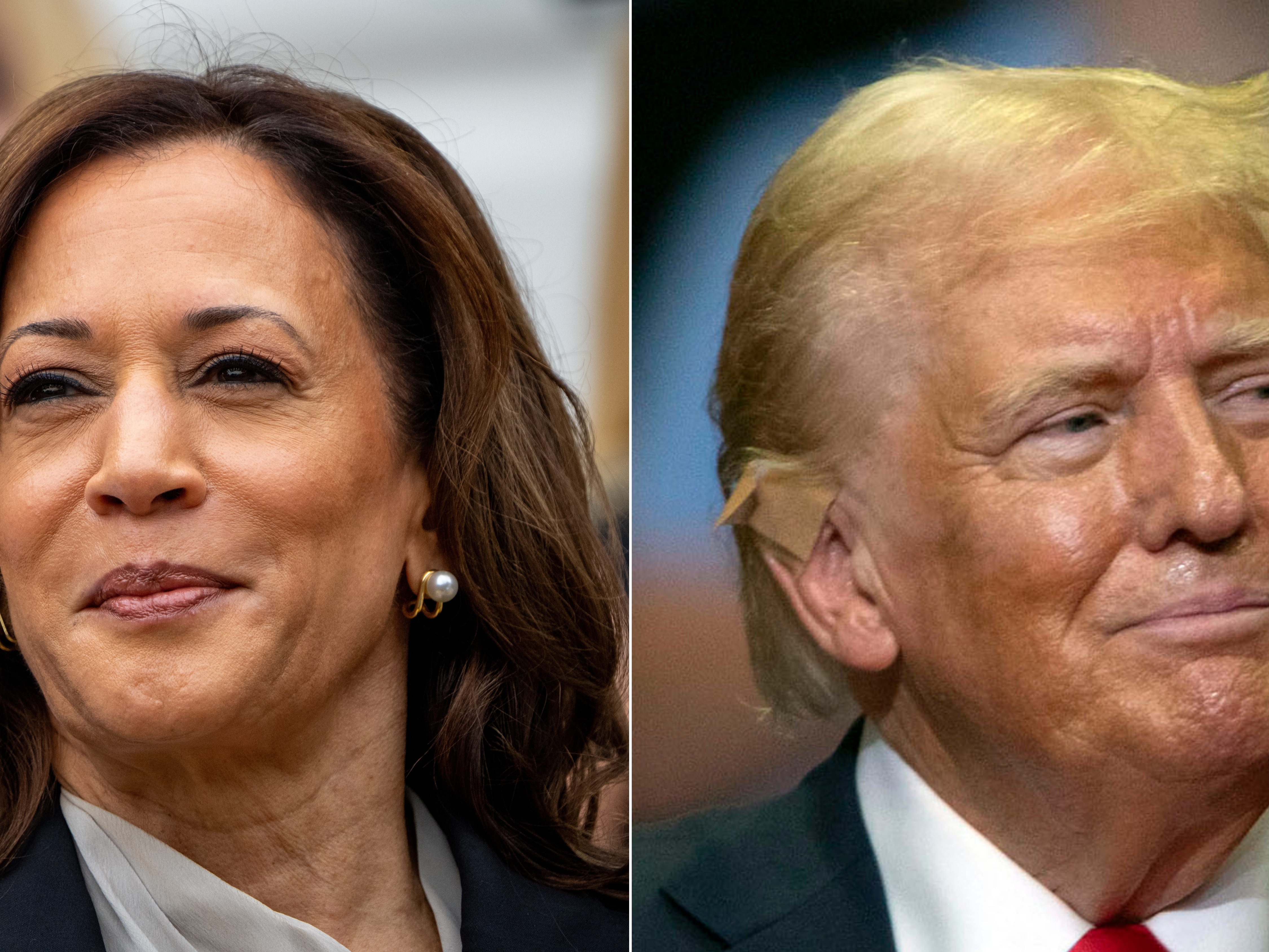 caption: Left: U.S. Vice President Harris arrives for an NCAA championship teams celebration on the South Lawn of the White House on July 22 in Washington, D.C. Right: Republican presidential nominee former President Donald J. Trump holds a rally at the Van Andel Arena on July 20 in Grand Rapids, Mich., Bill Pugliano/Getty Images)