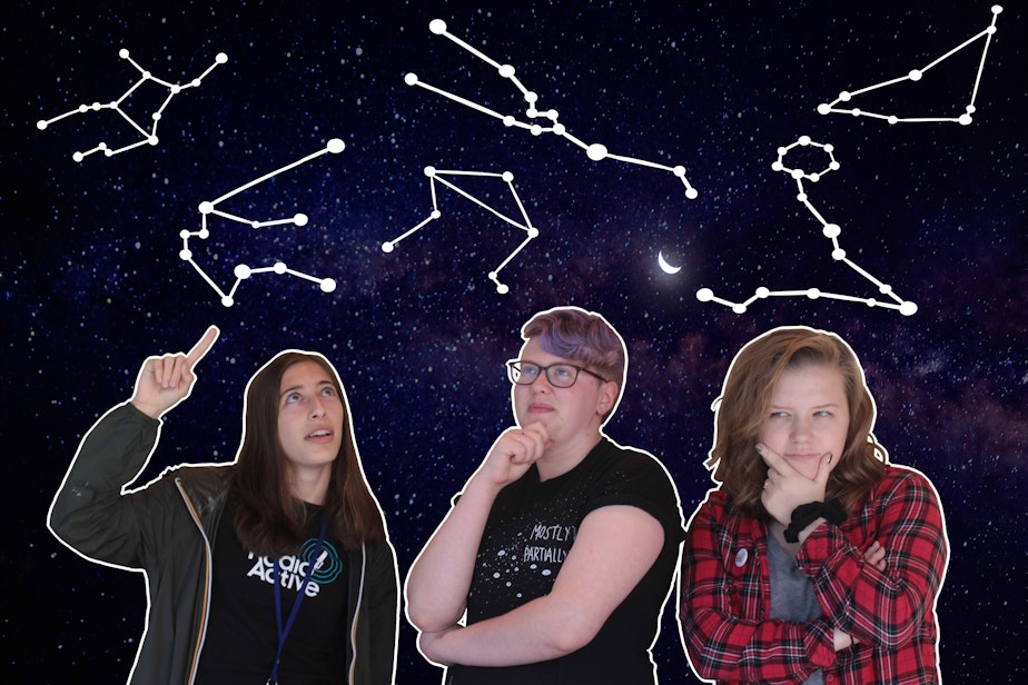 caption: RadioActive's Celia Fragale (left), Lucas Galarneau (center) and Sonya Sheptunov (right) are drawn to astrology for guidance, like many Millennial and Gen Z kids. But why?