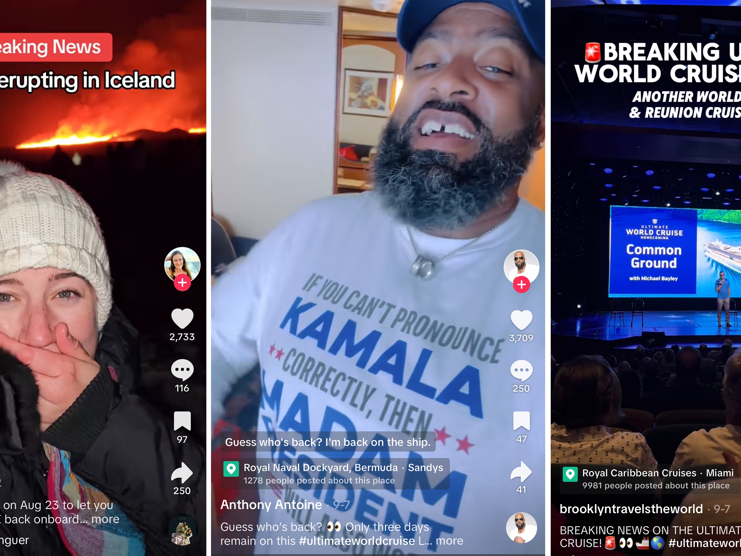 caption: TikToks by passengers on the Ultimate World Cruise — screenshot by NPR — capture the highs and lows of the nine-month journey, which ended last week.