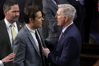caption: U.S. House Republican Leader Kevin McCarthy talks to then-Rep.-elect Matt Gaetz, R-Fla., in the House Chamber during the fourth day of voting for speaker of the House in January.