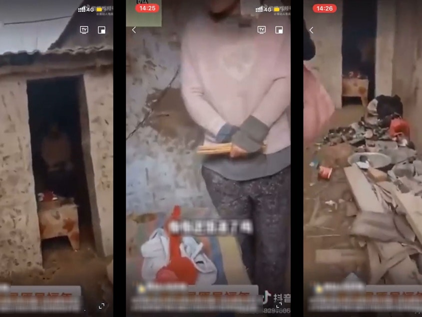 caption: Above: Three screengrabs from the video showing a woman chained to a wall in a doorless shed in a rural village in China. It got nearly 2 billion views and has prompted a heated discussion about the trafficking of women.
