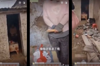 caption: Above: Three screengrabs from the video showing a woman chained to a wall in a doorless shed in a rural village in China. It got nearly 2 billion views and has prompted a heated discussion about the trafficking of women.