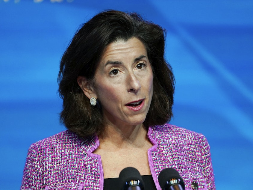 caption: Secretary of Commerce Gina Raimondo says the U.S. is clear "clear-eyed on the magnitude of the threat that China poses."
