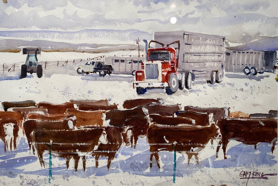 caption: In this painting by Gary King, cattle are pictured in a snowy field. 