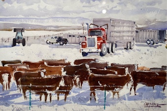 caption: In this painting by Gary King, cattle are pictured in a snowy field. 