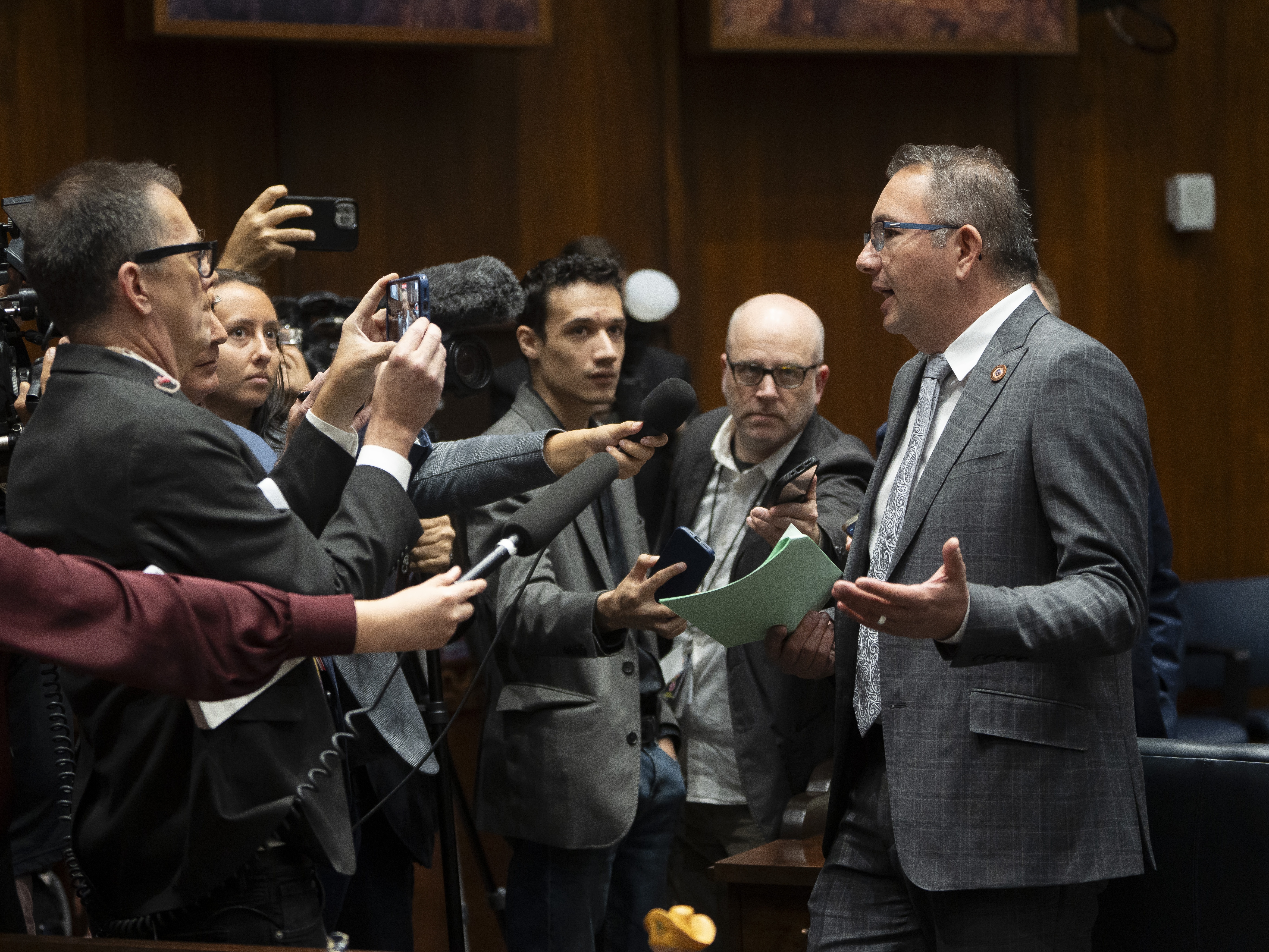 caption: Arizona State Rep. and House Speaker Ben Toma speaks to reporters during a legislative session at the Arizona House of Representatives on April 17 in Phoenix when Arizona House Republicans blocked the Democrats from holding a vote to overturn the 1864 abortion ban. Later, the legislature voted to overturn the ban.