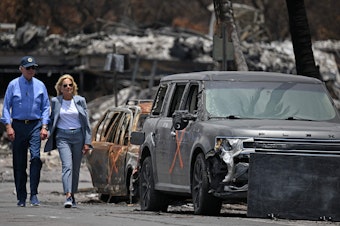 caption: President Biden and first lady Jill Biden view damage caused by wildfires in Lahaina, Hawaii on August 21, 2023. The president is expected to travel to see hurricane damage Florida on Saturday.
