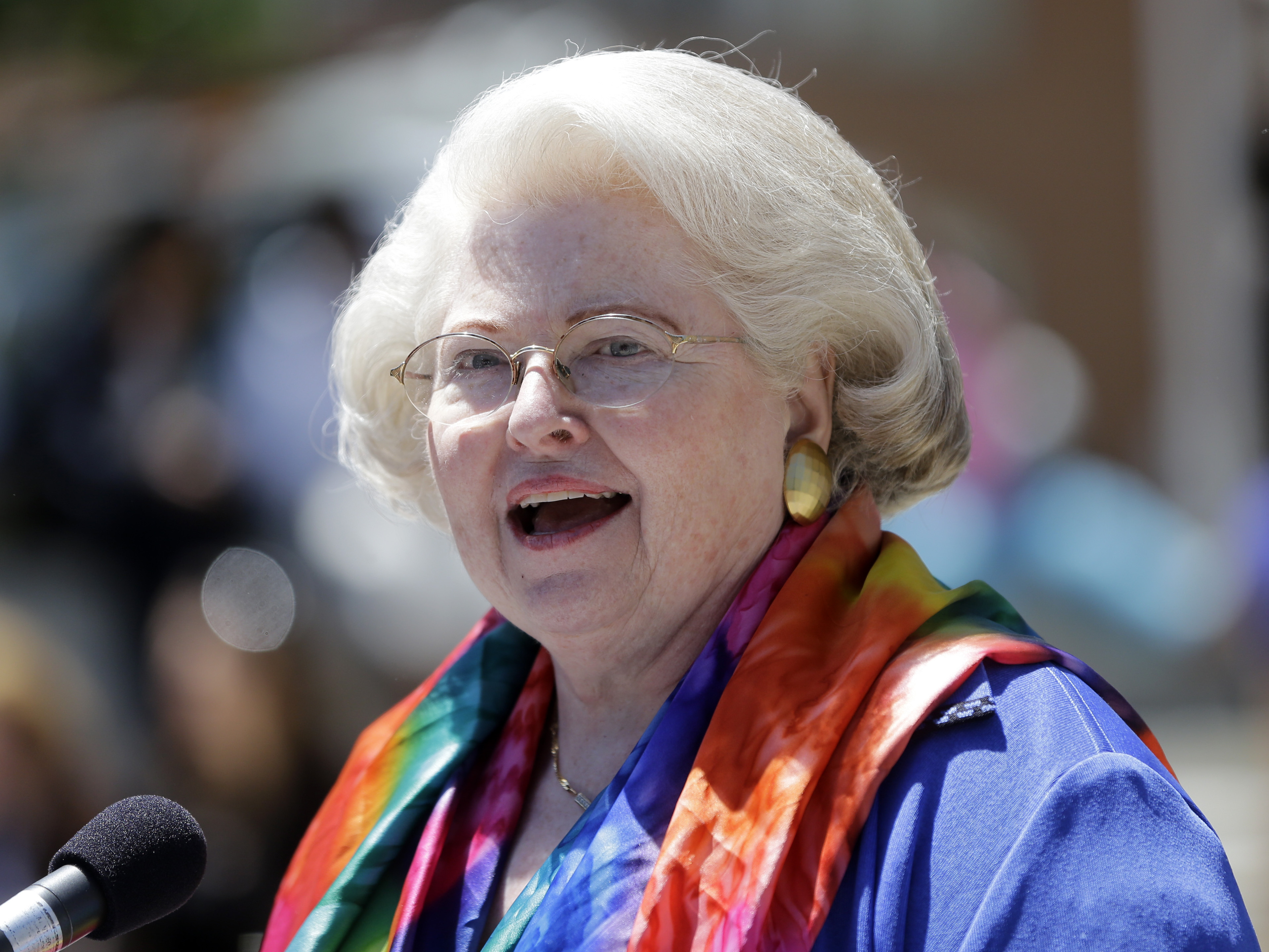 caption: Attorney Sarah Weddington speaks during a women's rights rally on Tuesday, June 4, 2013, in Albany, N.Y. Weddington, who at 26 successfully argued the landmark abortion rights case Roe v. Wade before the U.S. Supreme Court, died Sunday, Dec. 26, 2021.