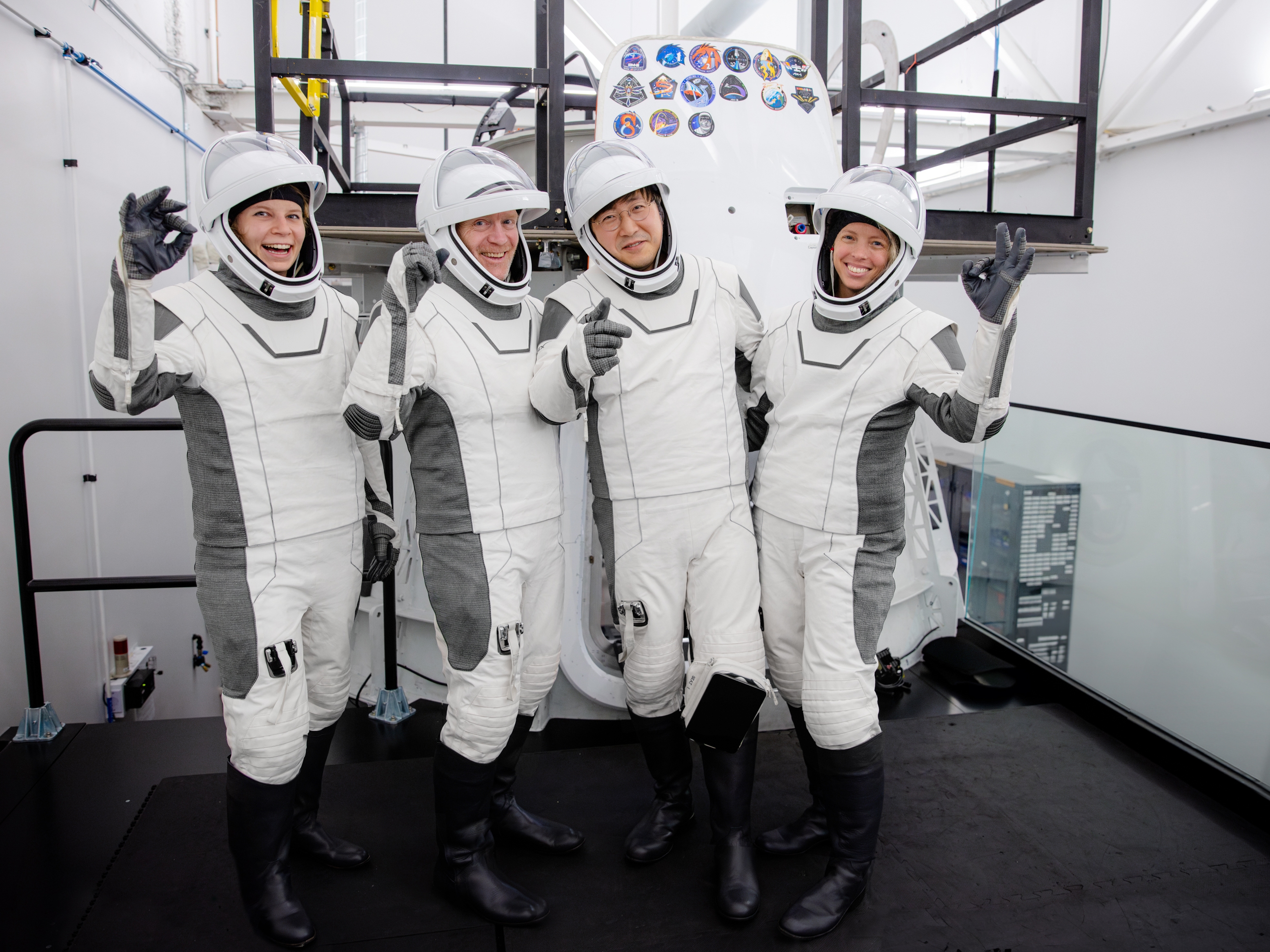 caption: Fram2 mission astronauts who will be first to circle the Earth from pole to pole: From left to right: pilot Rabea Rogge, Mission specialist and medical officer Eric Phillips, mission commander Chun Wang and vehicle commander Jannicke Mikkelsen.