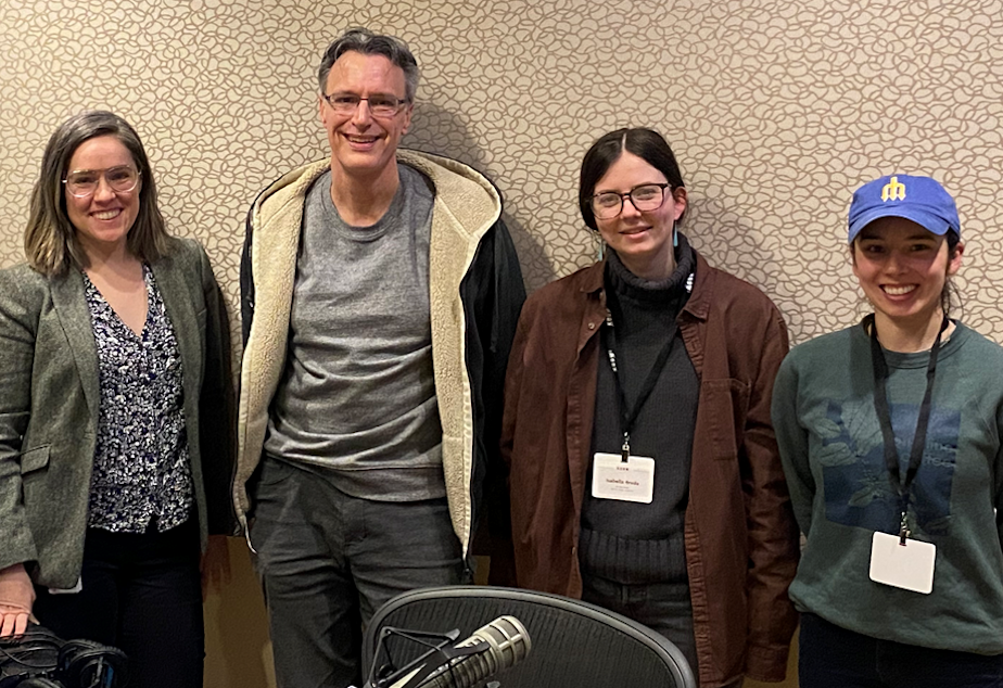caption: Bill Radke discusses the week’s news with Seattle Times Isabella Breda, Insider’s Katherine Long, and KUOW’s Libby Denkmann.