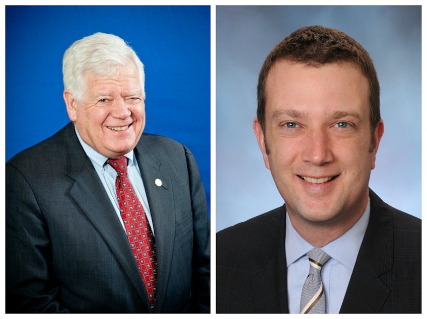 caption: Jim McDermott, left, and James Joseph McDermott, right. Jim is retiring from Congress after 14 terms and Joe wants his spot.