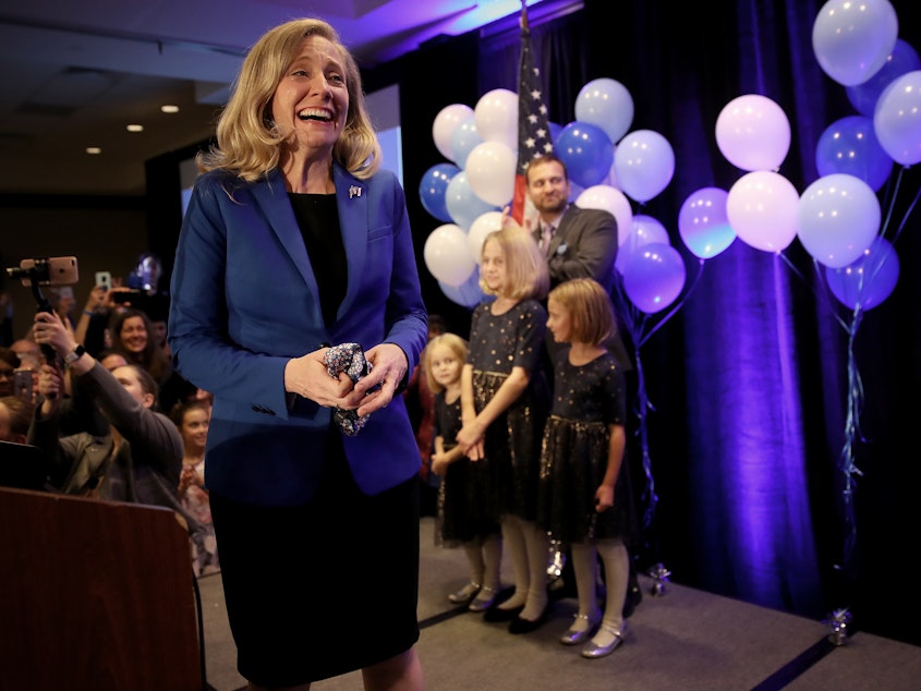 caption: Abigail Spanberger, Democratic candidate for Virginia's 7th District in the U.S. House of Representatives, thanks supporters at an election night rally. Spanberger declared victory over Republican incumbent Dave Brat.