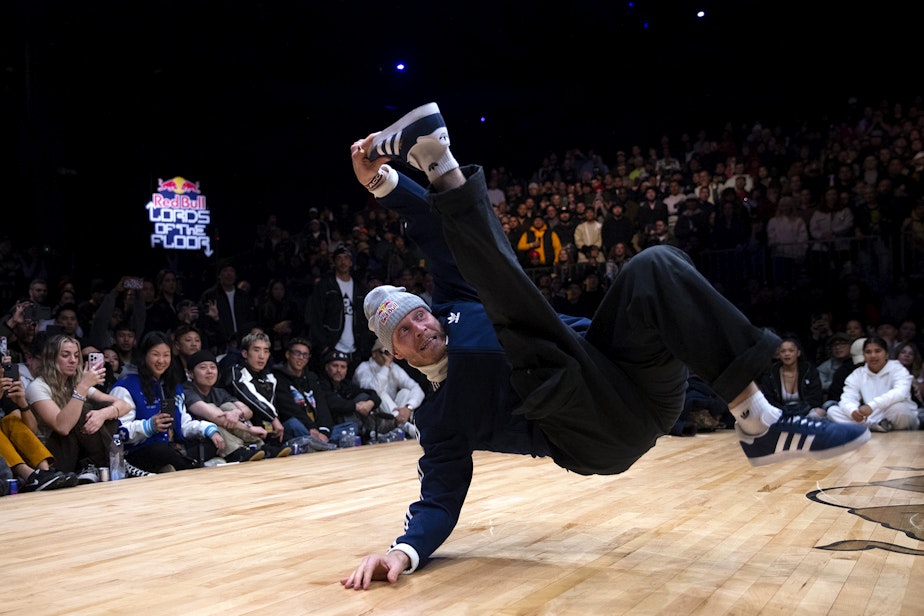 caption: Dutch b-boy Menno van Gorp competes during the Red Bull Lords of the Floor event on Saturday, April 6, 2024, at WAMU Theater in Seattle. Gorp, of Rotterdam, and his battle partner Morgan “Stripes” Andrews, of Jacksonville, Florida, won the competition. The pair came together unexpectedly after both of their original partners got injured.