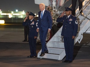 caption: President Biden arrives in Phoenix on Sept. 27, 2023. He's slated to give his latest speech on protecting democracy on Thursday, a theme that is central to his reelection campaign.