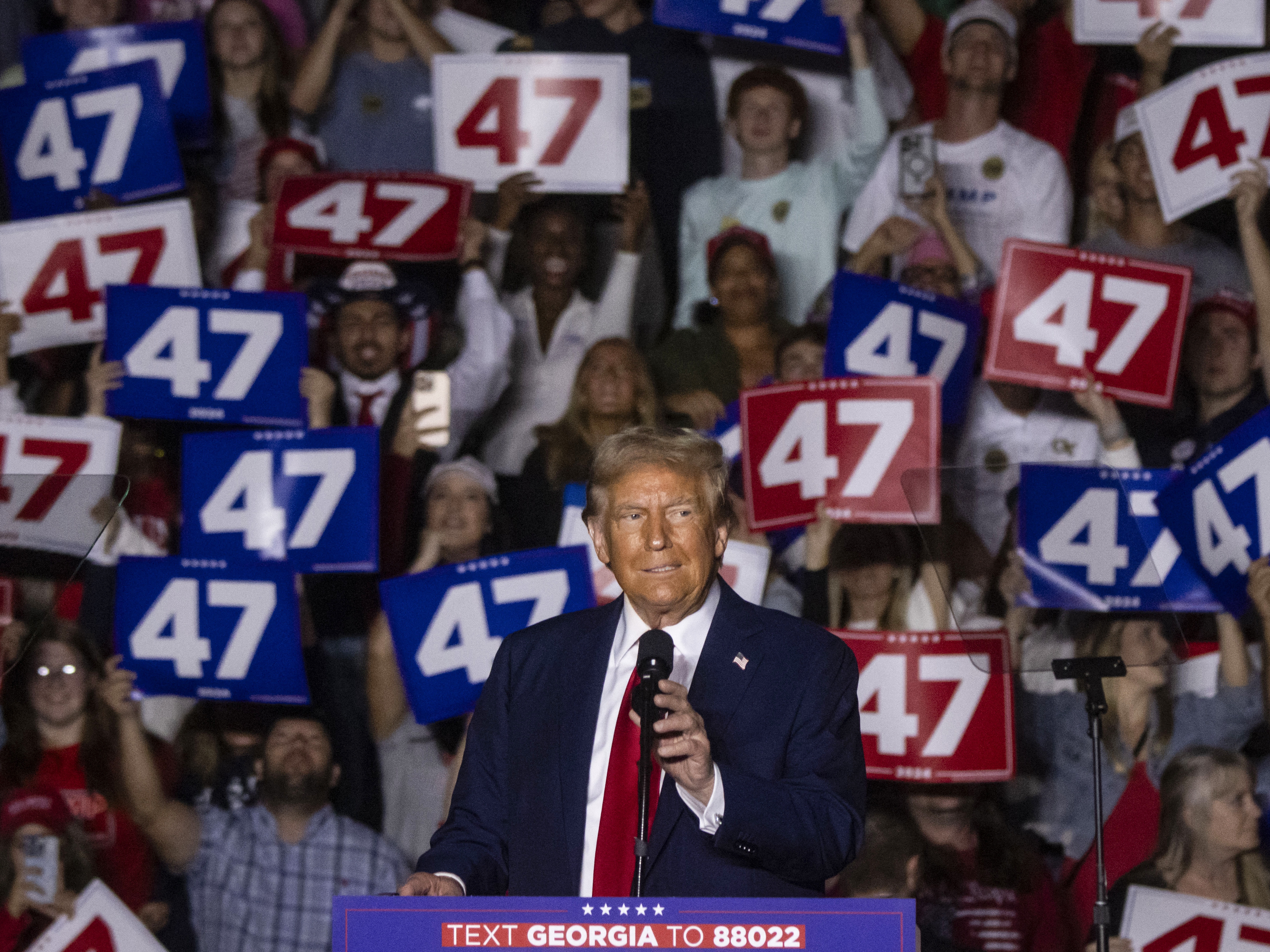caption: Former President Donald Trump speaks at a campaign rally at McCamish Pavilion on the campus of the Georgia Institute of Technology in Atlanta on Monday. Trump's final campaign rallies have included stumbles, gaffes and profanity as he says farewell to campaigning.