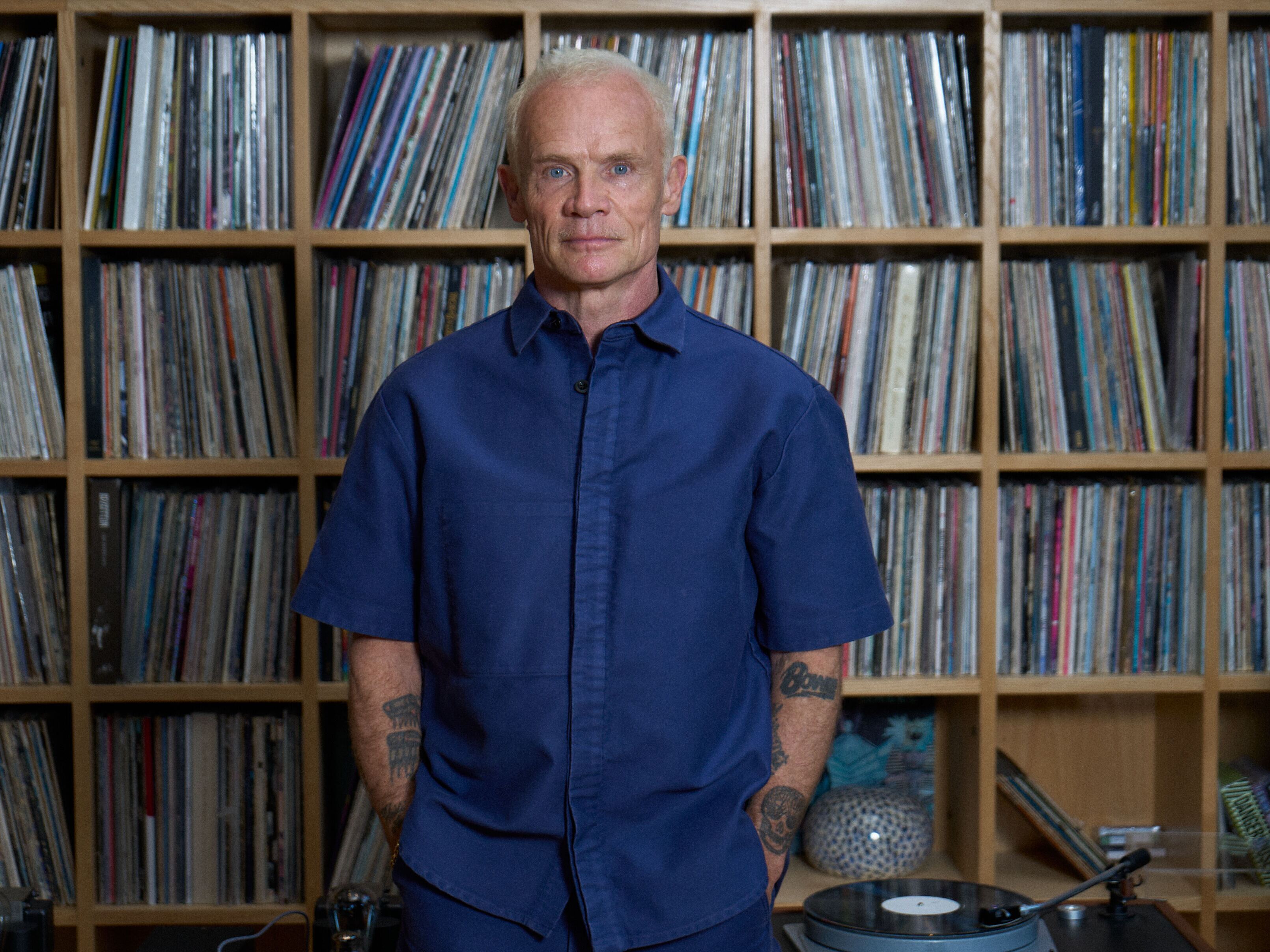 caption: After a career with the Red Hot Chili Peppers, Flea has his first solo album. "I'm making music that occupies its own place in the world and that feels that's good to me," he says of <em>Honora</em>.