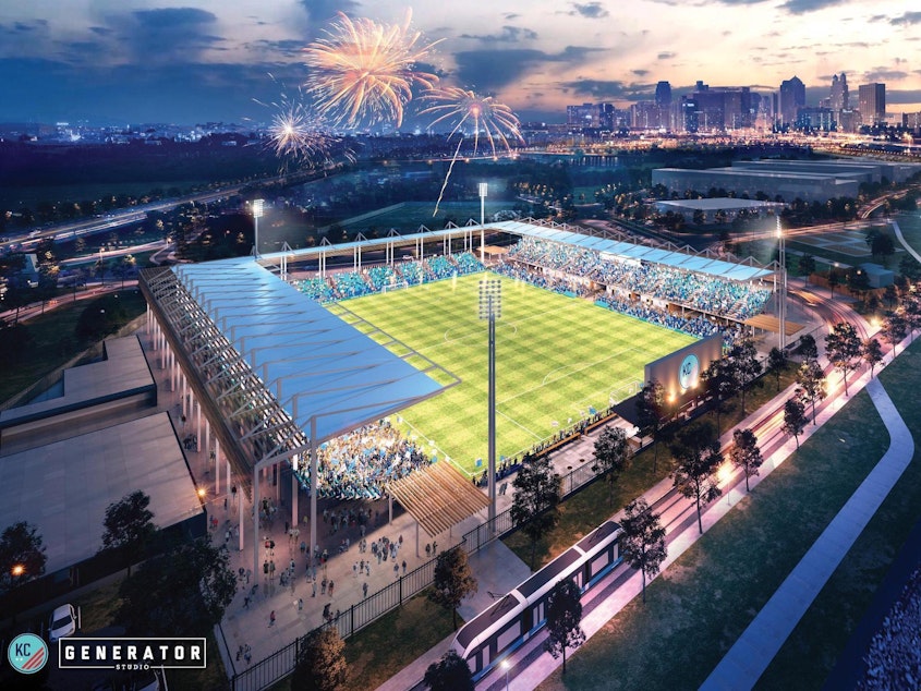 caption: An artist's rendering of what the new women's soccer stadium in Kansas City, Mo., will look like.