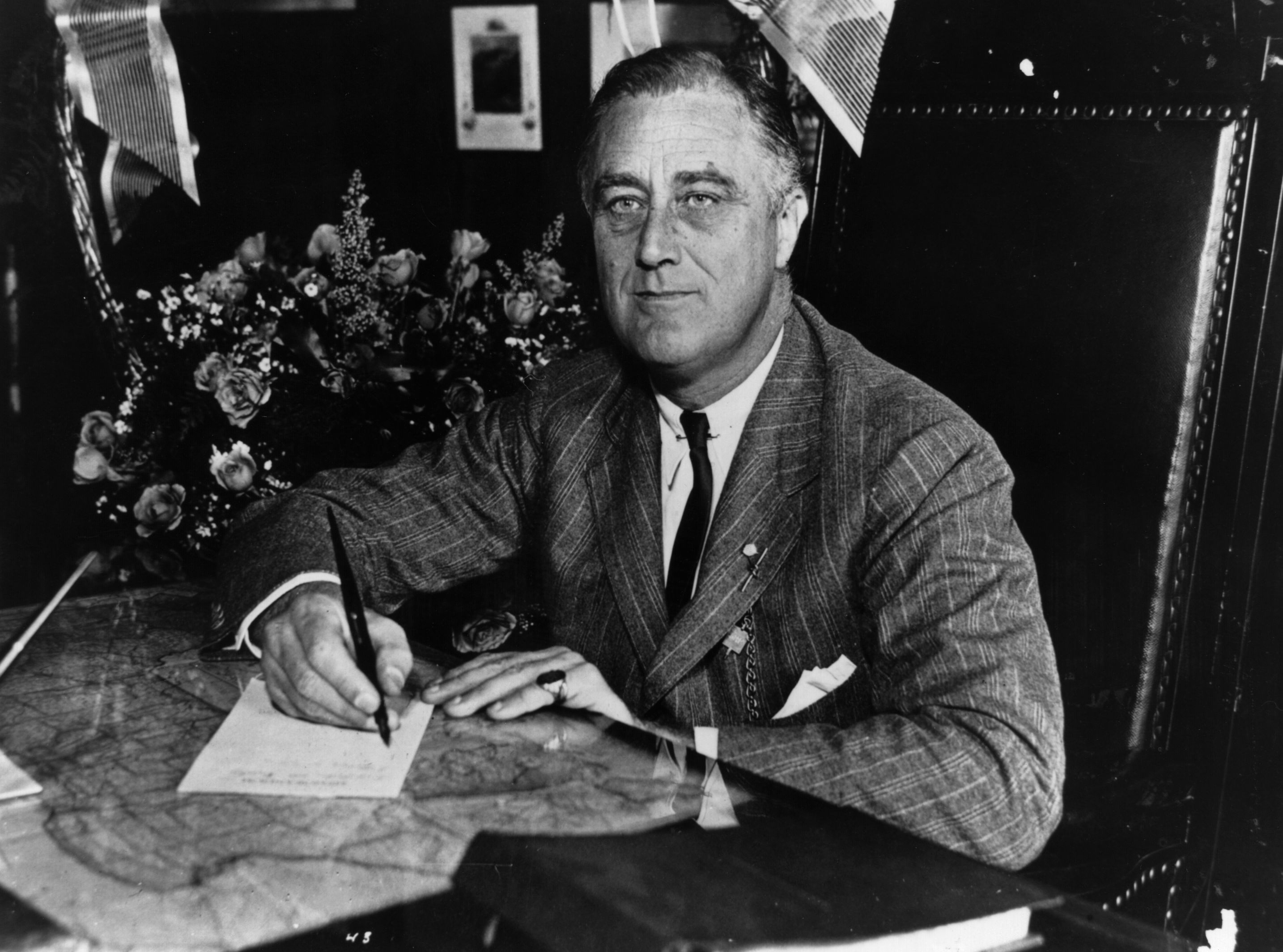 caption: 1936:  Franklin Delano Roosevelt (1882 - 1945) the 32nd President of the United States from 1933-45. A Democrat, he led his country through the depression of the 1930's and  World War II, and was elected for an unprecedented fourth term of office in 1944.  (Keystone Features/Getty Images)