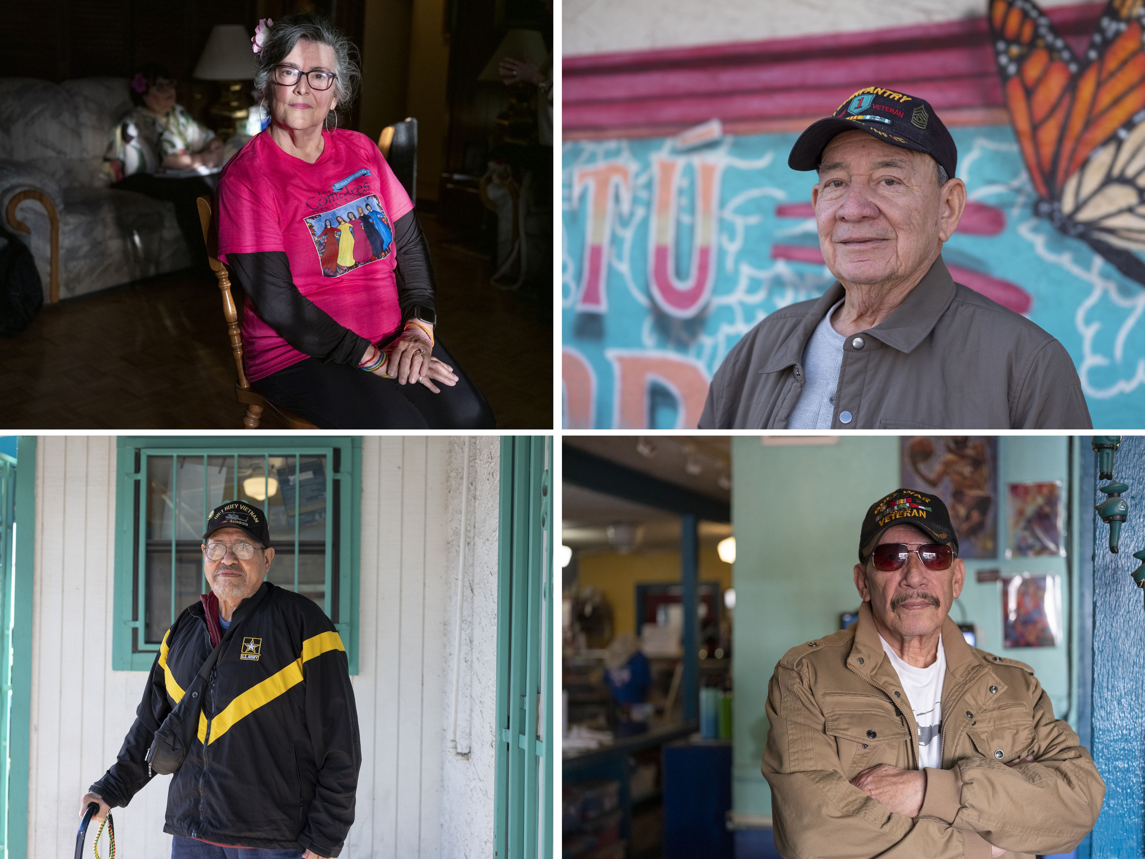 caption: Clockwise from top left: Las Comadres Para Las Americas founder Nora de Hoyos Comstock; military veterans Benny Aleman; Frank Maldonado and Chris Sanchez.