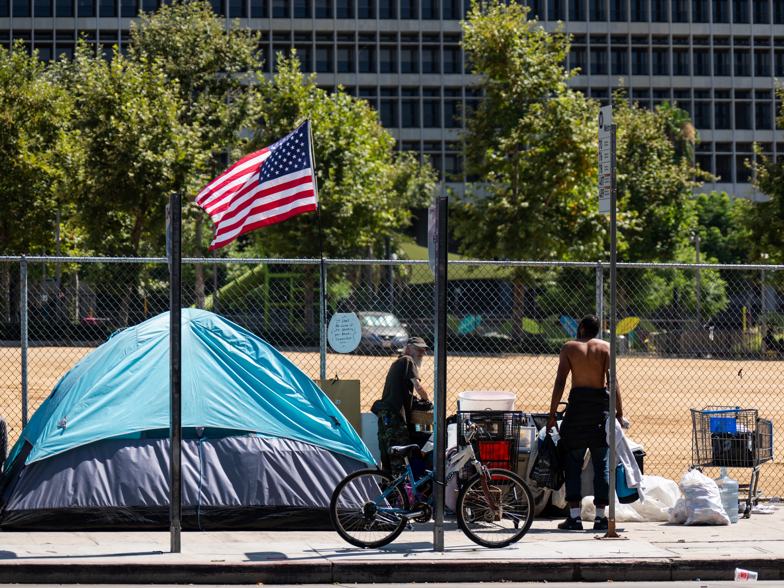 caption: A homeless encampment in Los Angeles in July 2024.