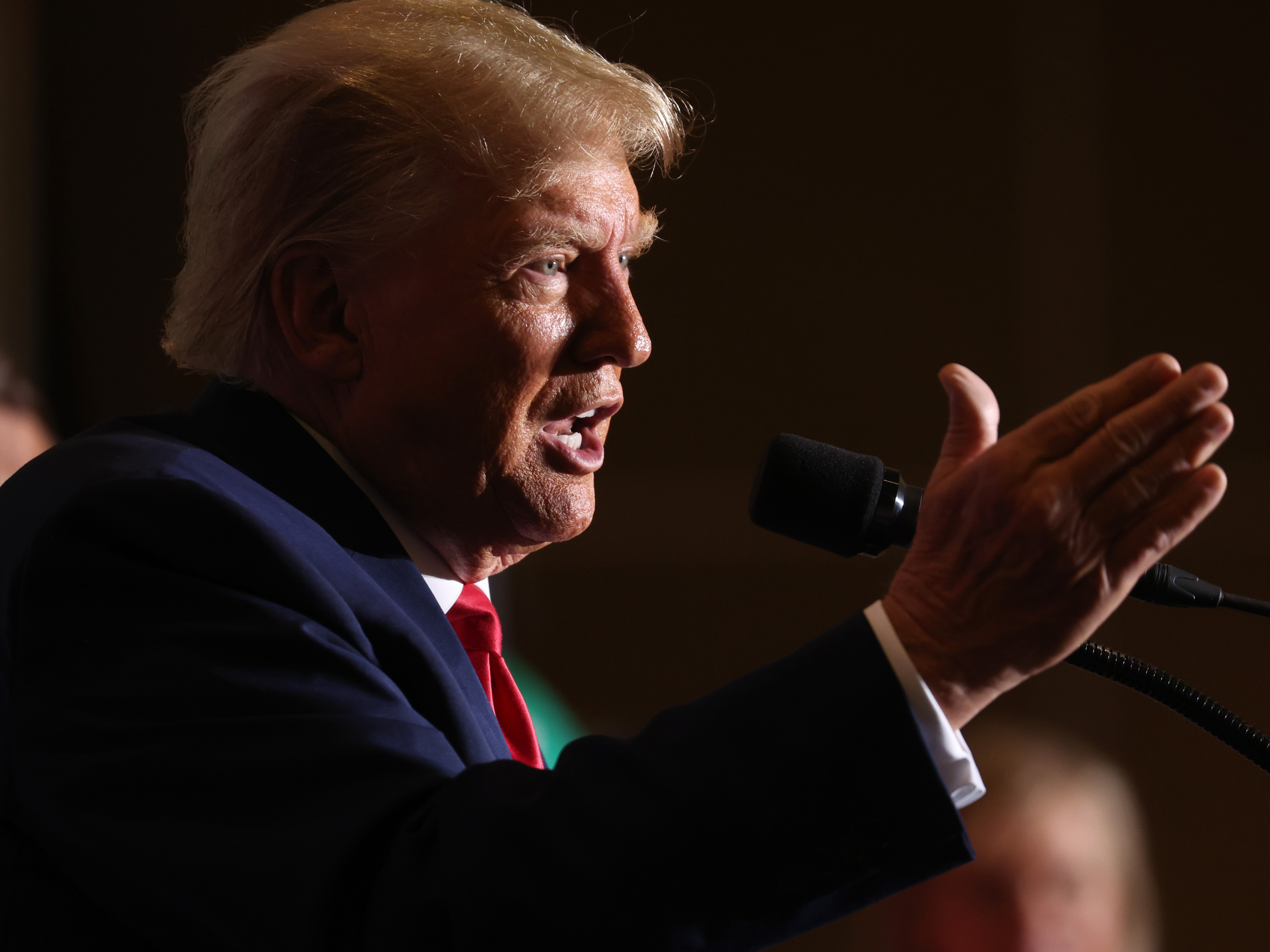 caption: Former President Donald Trump speaks to supporters during a Farmers for Trump campaign event in Council Bluffs, Iowa on July 7.
