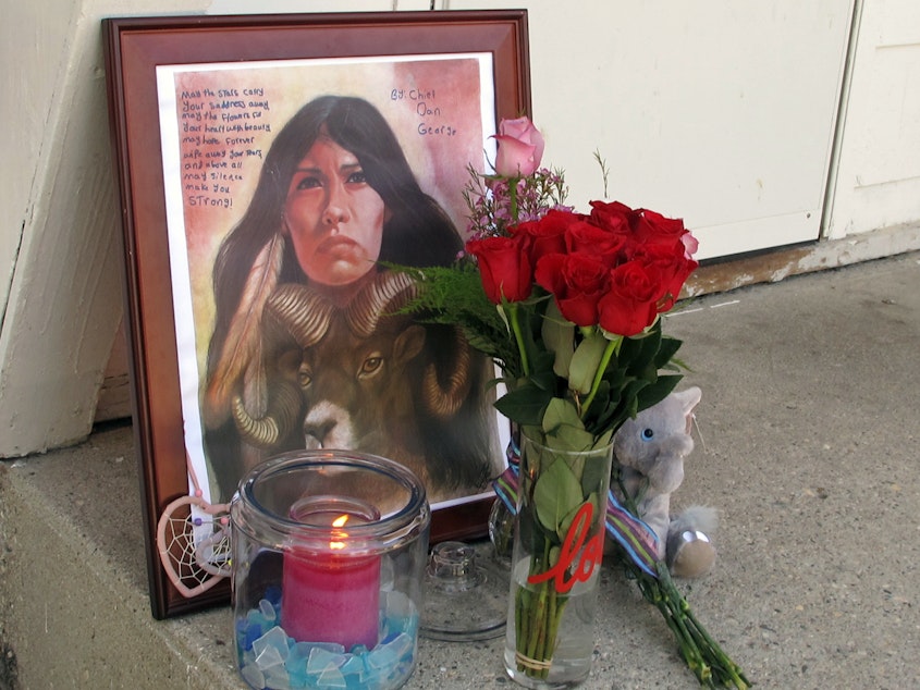 caption: A memorial to Savanna LaFontaine-Greywind outside the apartment where Greywind lived with her parents in Fargo, N.D., pictured in 2017. Savanna's Act requires the Department of Justice to strengthen training, coordination and data collection in cases of murdered or missing Native Americans.