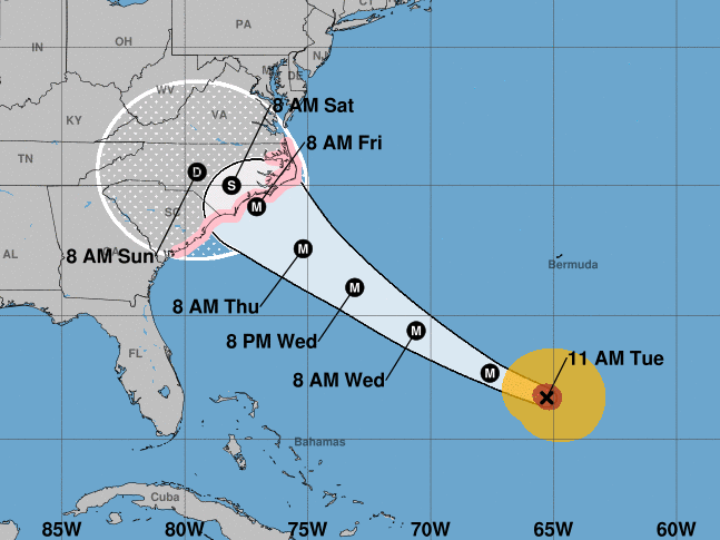 caption: Hurricane Florence is expected to reach the coast of North Carolina late this week. The storm is extending hurricane-force winds up to 40 miles from its center, the National Hurricane Center says.