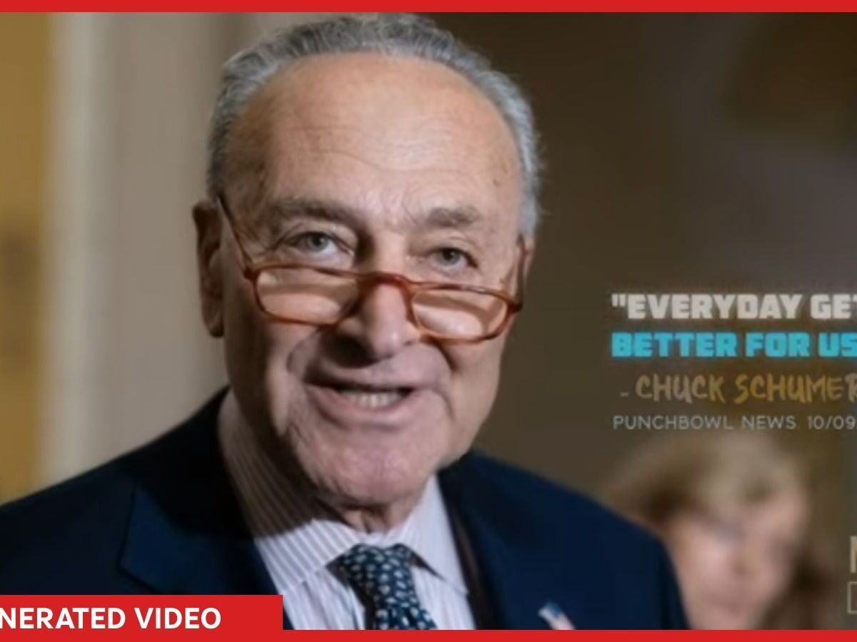caption: The video posted by the National Republican Senatorial Committee shows an AI-generated version of Democratic Senate Minority Leader Chuck Schumer repeatedly saying "Every day gets better for us" and grinning.