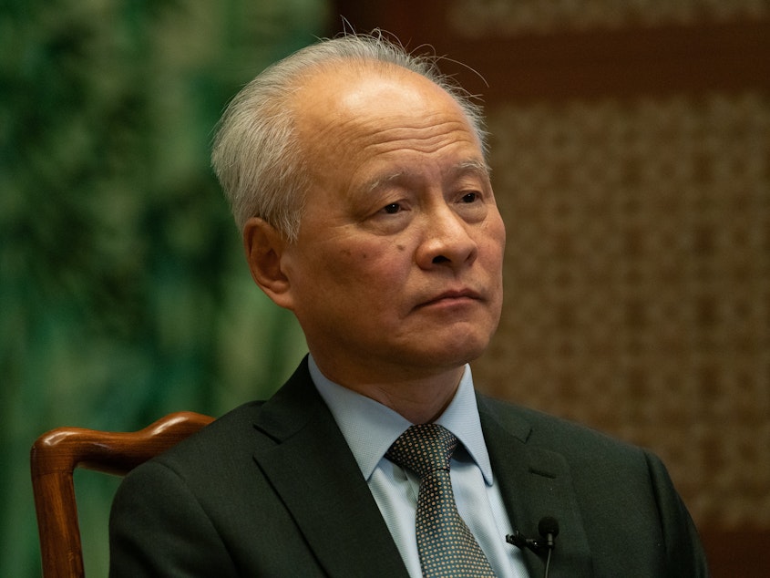 caption: Cui Tiankai, China's ambassador to the U.S., in conversation with NPR's <em>Morning Edition </em>at the Chinese Embassy.