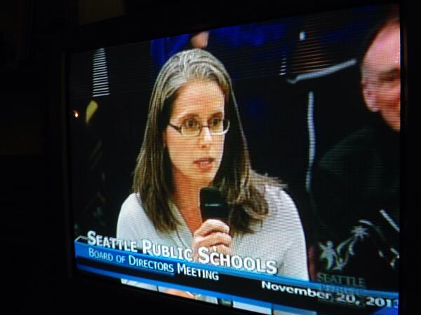 caption: Terri Green, president of the Wedgwood Elementary Parent Teacher Association, addresses the Seattle School Board at Wednesday night's meeting.