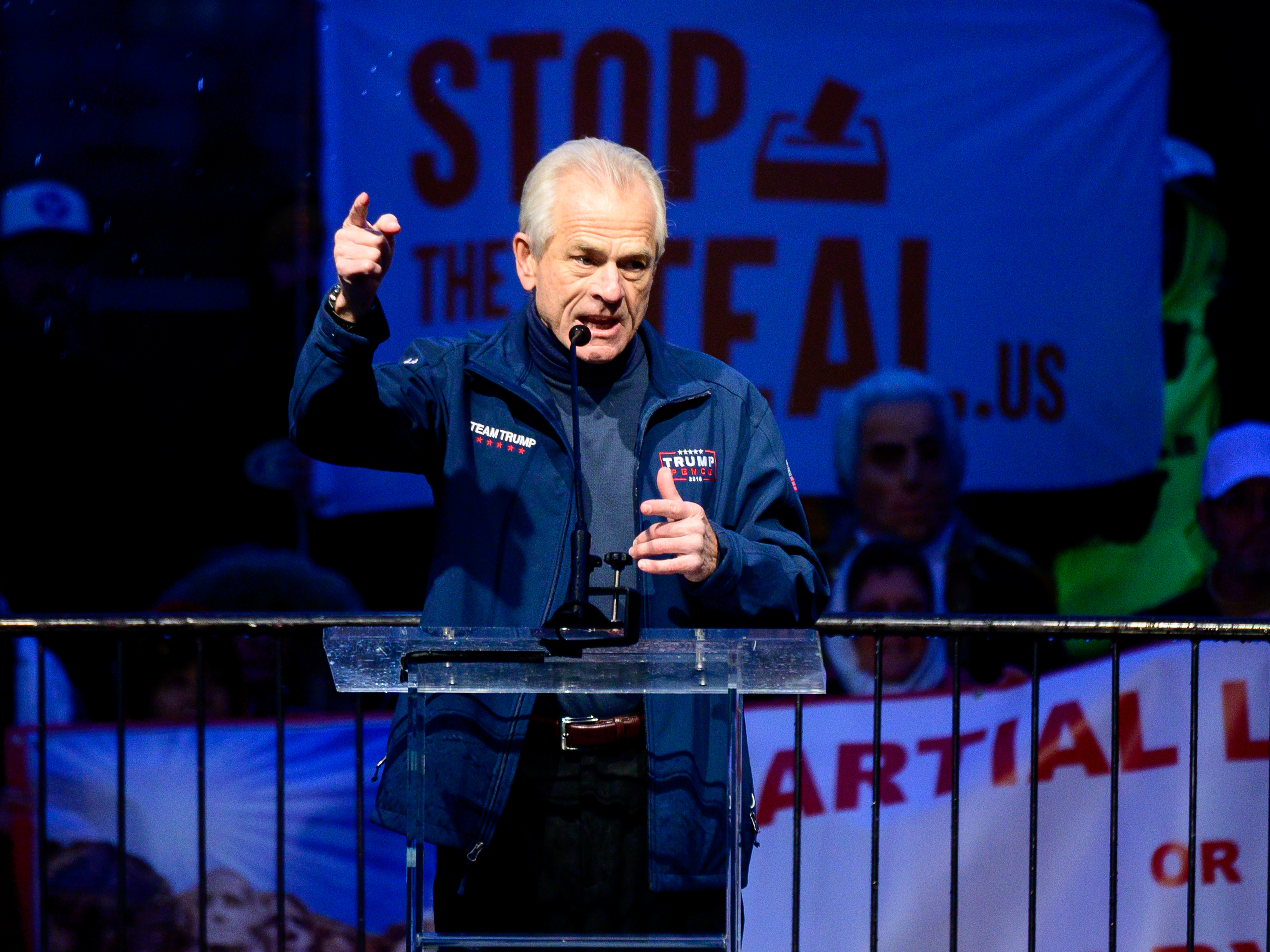 caption: Peter Navarro speaks during a protest at Freedom Plaza in Washington D.C. on Jan. 5, 2021.