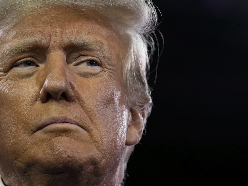caption: Former President Trump speaks at a conservative conference in Washington last month.